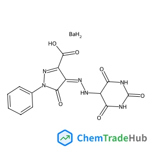 1H-Pyrazole-3-carboxylic acid, 4-[2-(hexahydro-2,4,6-trioxo-5-pyrimidinyl)hydrazinylidene]-4,5-dihydro-5-oxo-1-phenyl-, barium salt (1:1) structure